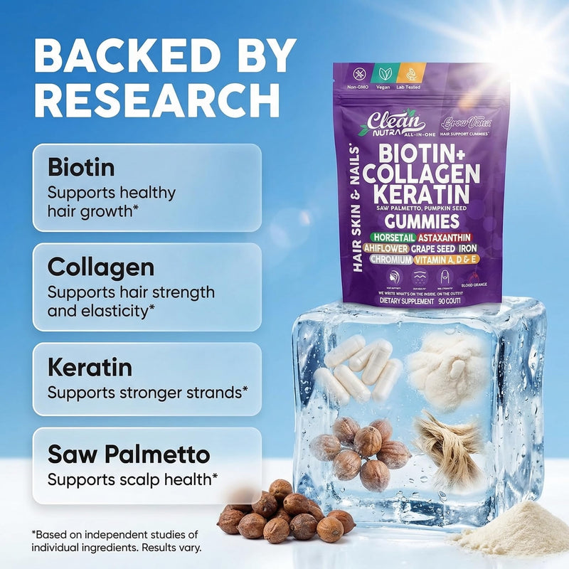 Biotin Gummies for Hair Growth, Hair Vitamins for Women with Collagen Keratin Zinc Saw Palmetto Horsetail Astaxanthin Pumpkin Seed MSM Grape Seed Iron Vitamins A D E, GrowVana by Clean Nutra 90 Count