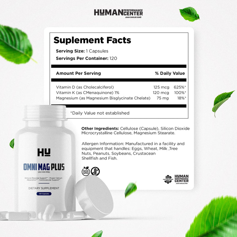 Human Performance Omni MAG Plus - Vitamin D3 K2 Magnesium Supplement - D3 5000 IU with K2 120mcg & Magnesium Glycinate - Bone Density, Heart & Immune Response Support - 120 Veggie Capsules