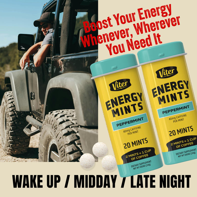 Viter Energy 40mg Caffeine Mints - Sugar Free, B Vitamins, Vegan, Boosts Fast Energized Alert Focus, Caffeinated Nootropic Supplement Pills (Peppermint Flavor, 20pcs, 6 Pack, 120pcs Total) Peppermint 20 Count (Pack of 6)