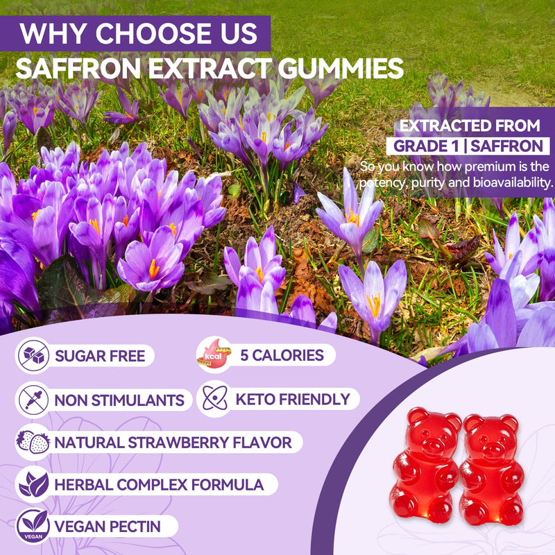 Saffron Gummies for Kids Support Calm Mood & Focus | 100% Pure Organic Saffron Extract Sugar Free Saffron Supplements Gummy for Children, Strawberry Flavor, 60 Gummies