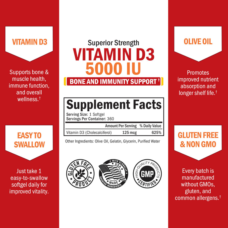 Vitamin D3 5000 IU (125 mcg) Supplement, 360 Softgels | Immune Support, Bone Strength, Healthy Muscle Function, with Olive Oil for Highest Absorption, Gluten Free & Non-GMO