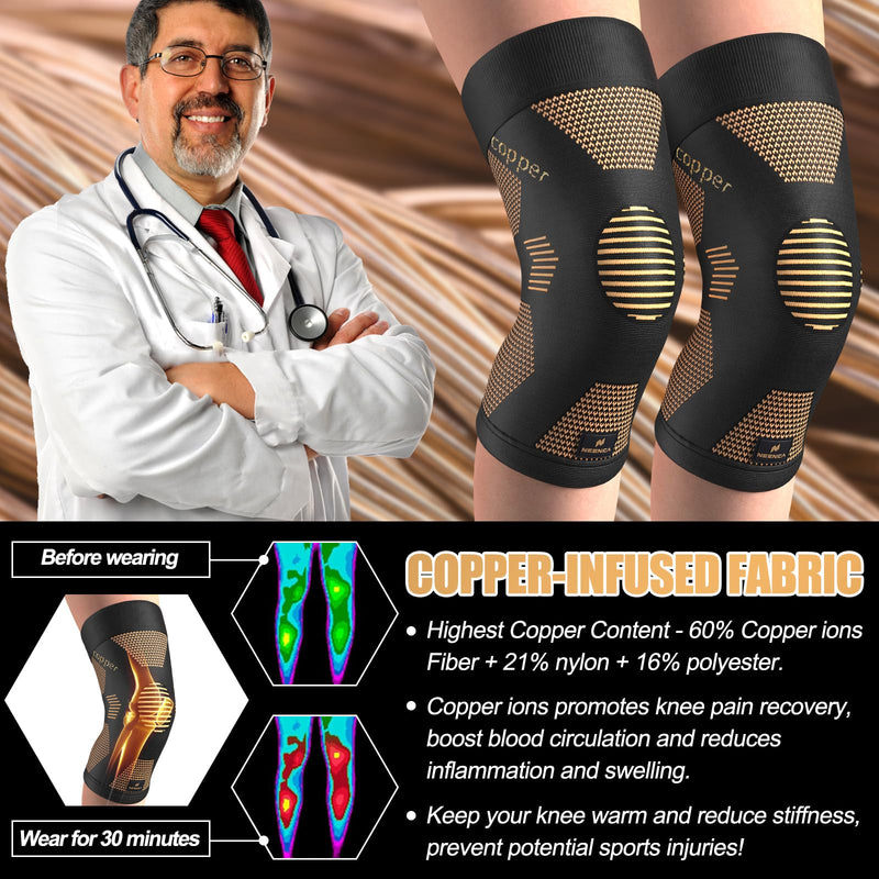 NEENCA Copper Knee Brace for Women and Men, Knee Compression Sleeve for Knee Pain, Arthritis, ACL, Meniscus Tear, Joint Pain Relief, Knee Support for Running, Working Out, Fitness, Weightlifting -Pair Large High Copper-Pair