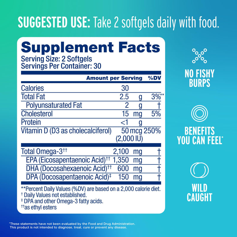 Oceanblue Professional Omega-3 2100 with Vitamin D3 - Triple Strength DPA EPA DHA Omega 3 Supplement - Burpless Wild Caught Fish Oil - Orange Flavor, 60 Count (30 Servings) 60 Count (Pack of 1)