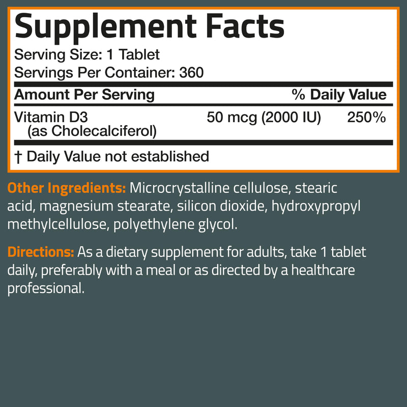 Bronson Vitamin D3 2000 IU (50mcg) Non-GMO, 360 Tablets