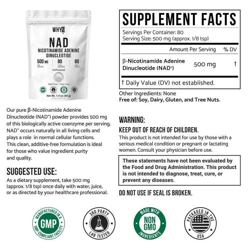 Pure NAD Powder Nicotinamide Adenine Dinucleotide Supplement Unflavored and Gluten-Free Premium Pure NAD Powder for Daily Wellness and Nutrition Support, 80 Servings, 1.4 oz (40g) 1.4 Ounce (Pack of 1)