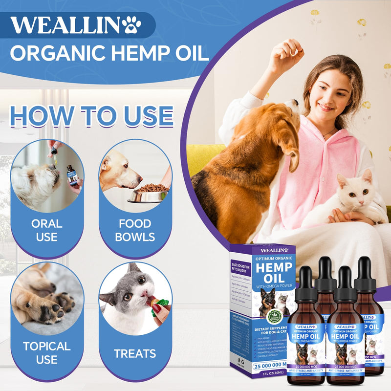 WEALLIN Hemp Oil for Dogs and Cats - Omega-3, 6, 9 Rich Organic Extract - Eases Pet Anxiety, Pain, Skin & Coat Health - Stress Relief, Hip & Joint Support - Calming Treats (4 Pack) 4PC