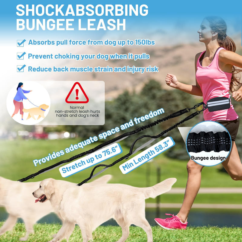 Hands Free Double Dog Leash No Tangle, Waist Leash for Dog Walking, Retractable Dog Leashes for Medium and Large Breeds-Pouch & Lumbar Support, Adjustable Waist Belt, Retractable Bungee,Padded Handles - BeesActive Australia