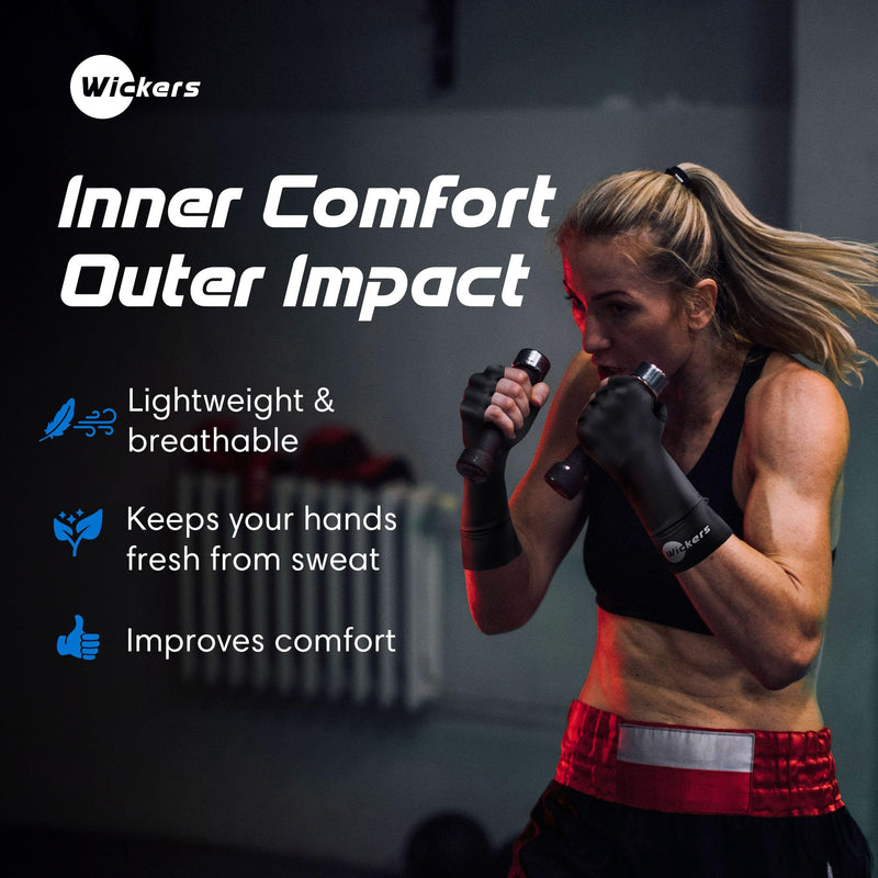 Wickers Thin Fingerless Gloves Men & Women - Lightweight Inner Boxing Gloves, Breathable Inner Glove Liners for Exercise, Gym Glove - Pair Black Large