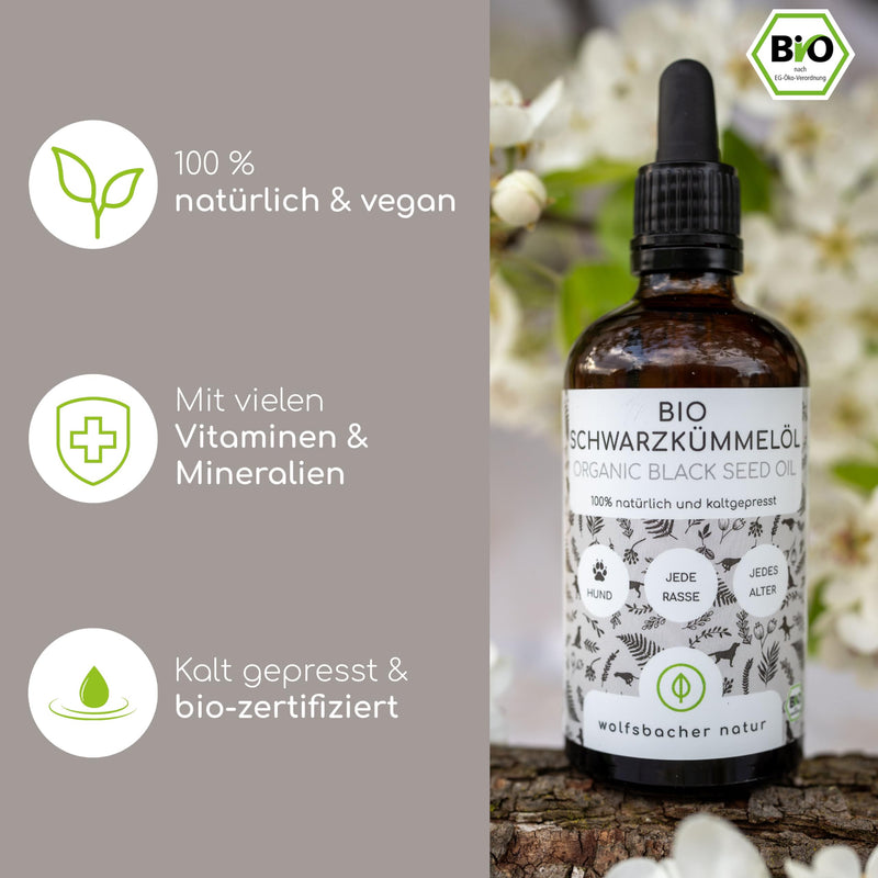 Organic black cumin oil for dogs 100ml - cold pressed 100% organic farming, in glass bottle with glass pipette - pure Egyptian black cumin oil (Nigell Sativa) DE-ÖKO-060 - BeesActive Australia