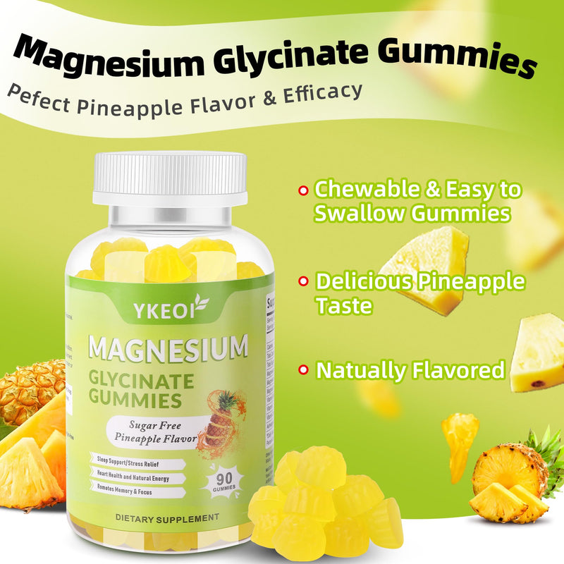 90 CT Magnesium Glycinate Gummies 500 mg with Ashwagandha,Sugar Free Magnesium Supplement Triple Magnesium Complex with Citrate,Malate,Vitamin C D3 B6,for Women and Men Kids Sleep Relaxation Pineapple 90 Count (Pack of 1)