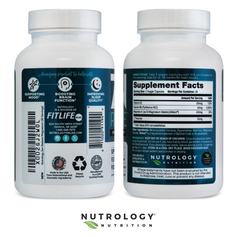 Nutrology Zen Restore – 400mg Magnesium Malate, Vitamin D3 & L-Theanine, Supports Sleep, Muscle Recovery & Adrenal Wellness, Magnesium Supplement for Men and Women, 30 Servings (Pack of 2) 90 Count (Pack of 2)