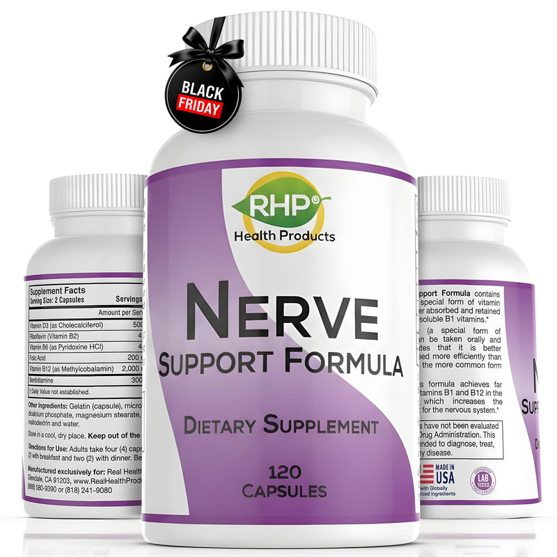 Nerve Support Formula Supplement - Nutritional Support for Neuropathy Pain Relief for Feet & Hands, Advanced B Complex with Benfotiamine, Vitamin B1, Methyl B12, Folic Acid & D3 – 120 Capsules
