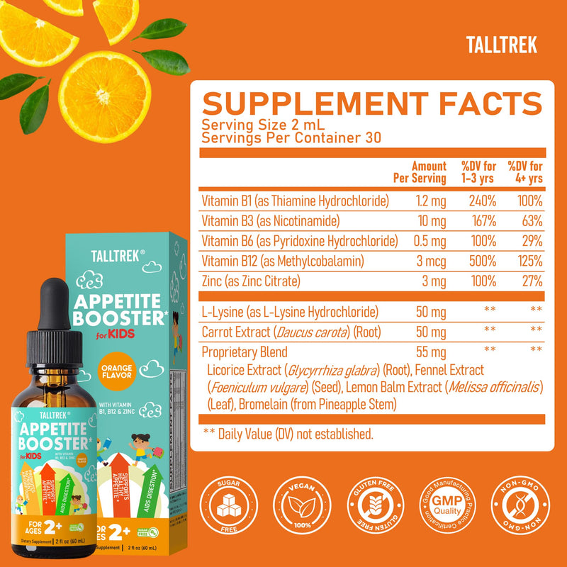 Appetite Booster Drops for Kids Toddler Liquid Formula | Support Healthy Nutrient Absorption with Vitamins B1 B3 B6 B12 Zinc & L-Lysine - Ages 2+ Sugar-Free - 2 Fl Oz 2 Fl Oz (Pack of 1)