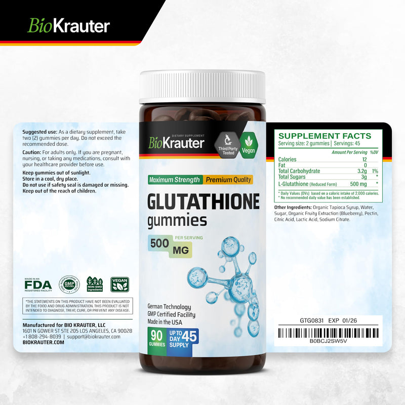 BIO KRAUTER Glutathione Supplement for Skin, Beauty & Antioxidant Support | Glutathione Gummies for Clear Skin & Daily Wellness, 45-Day Supply, Blueberry Flavor, 90 Gummies 90 Count (Pack of 1)