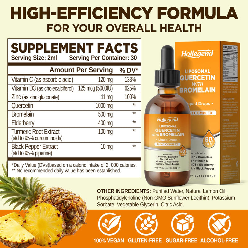 Liposomal Quercetin with Bromelain Liquid Drops, 8 in 1 Organic Quercetin 1000mg Supplements with Bromelain 500mg, Vitamin C, D3, Zinc, Elderberry, Turmeric for Immunity & Respiratory Health, 2 Fl Oz