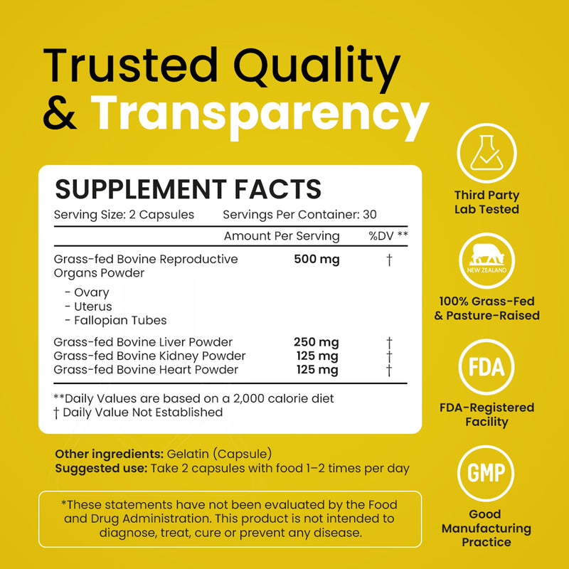 Beef Organ Supplement for Women - Hormone Balance, Iron Support, Immunity | 6-in-1 Beef Organ Complex, 100% Grass-Fed & Finished, New Zealand-Sourced, Freeze-Dried, USA-Made & Lab Tested, Zero Fillers