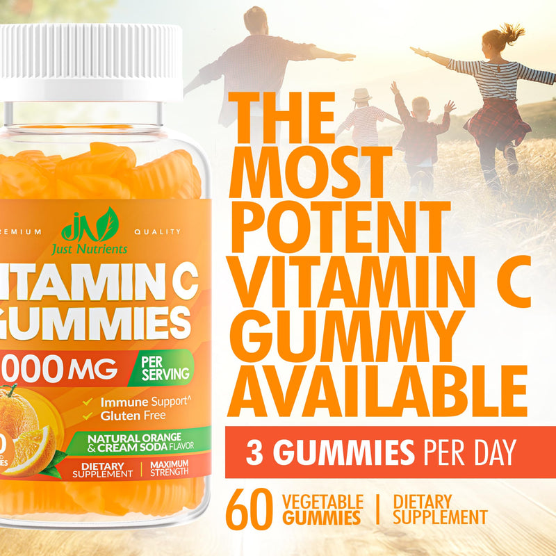 Vitamin C 1000mg Gummies for Adults & Kids – Multivitamin with Zinc & Herbal Extracts for Immune & Collagen Support for Skin – Orange Flavor – Gluten Free, Non-GMO, Vegetarian – 60 Gummies 60 Count (Pack of 1) - BeesActive Australia
