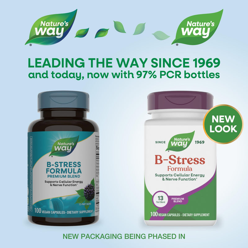 Nature's Way B-Stress Formula, Supports Cellular Energy & Nerve Function*, with Vitamins C, B12, Vitamin B6 & More, Gluten Free, 100 Vegan Capsules (Packaging May Vary)