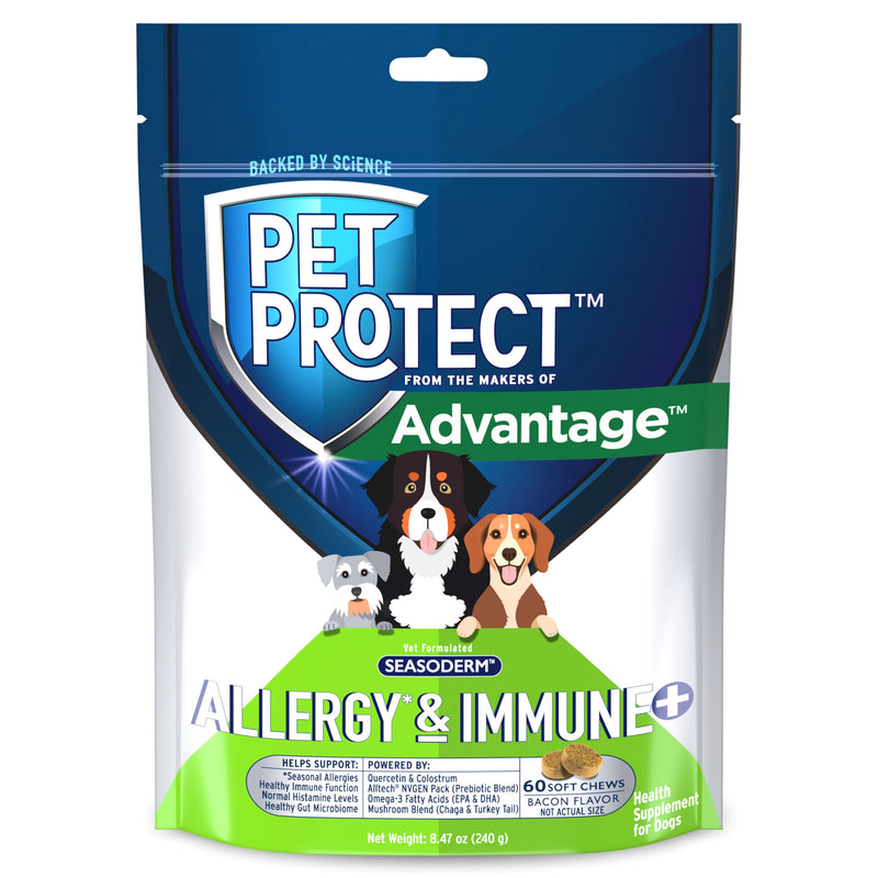 Pet Protect Dog Allergy* & Immune+, Itchy Skin Support, Vet-Formulated Seasoderm, Bacon-Flavored Soft Chews (60 Count)