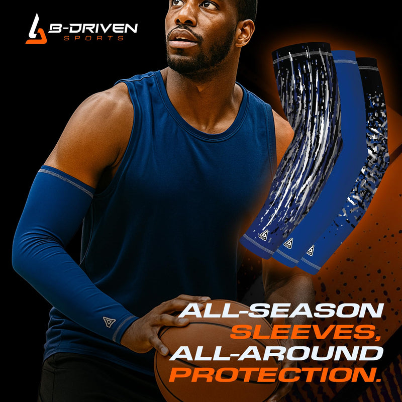 B-Driven Sports Compression Arm Sleeves | UV Arm Sleeves for Men Women & Youth | Sports Sun Protection Circulation | 3 Count Small/Medium Blue Royal - BeesActive Australia