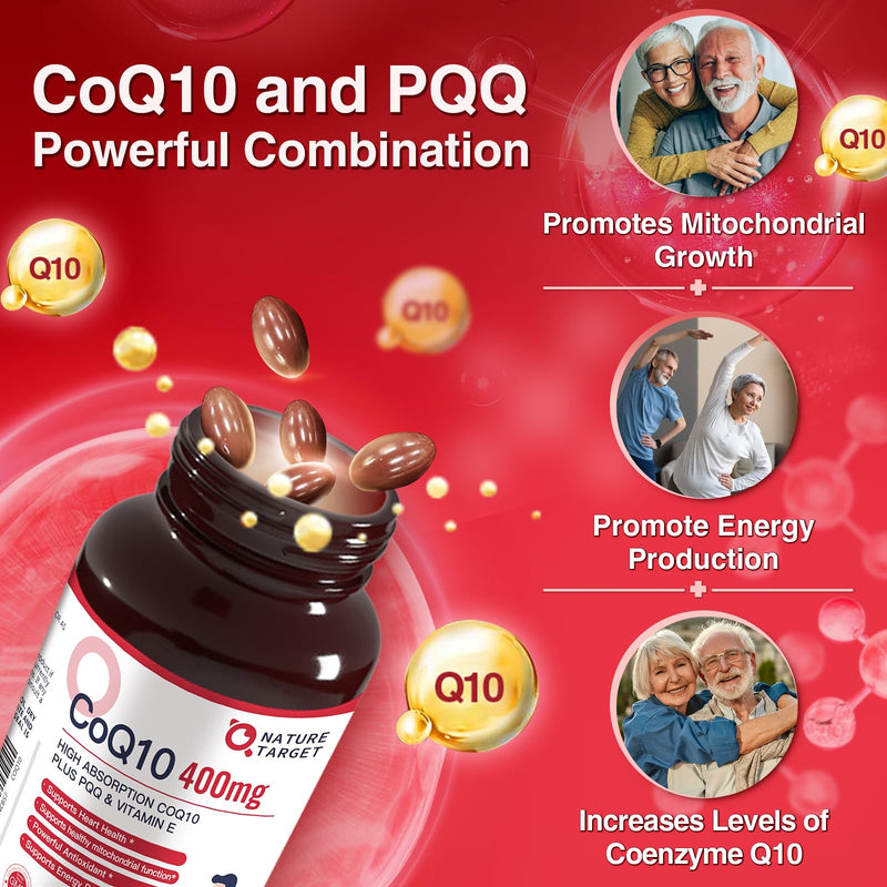 NATURE TARGET CoQ10 400mg Plus PQQ with Vitamin E, 120 Servings | Coenzyme Q10 with Organic Olive Oil and BioPerine, High Absorption Antioxidant for Heart Health and Energy Production 120 Count (Pack of 1)