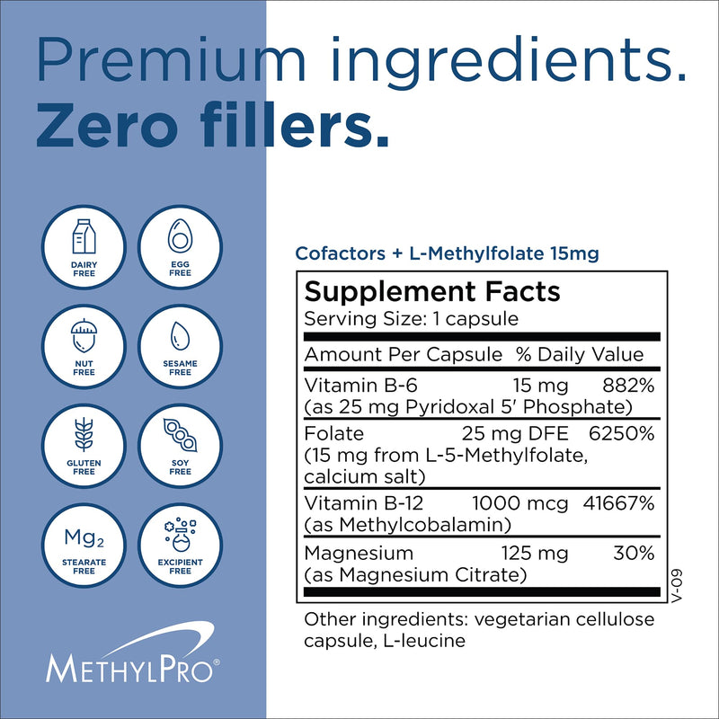 MethylPro Cofactors with L-Methylfolate 15 mg, 30 Capsules | Vitamins B6, B12 and Magnesium with Active Folate for Methylation and Biochemical Reactions, Hypoallergenic
