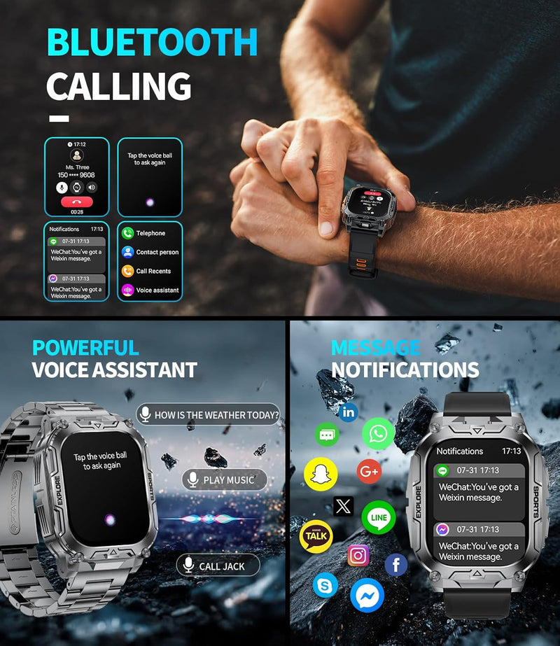 TX12 Smart Watch for Men, 1000 mAh Battery/LED Flashligh Military Smart Watches, 2.01'' HD Fitness Tracker, 100+ Sports Mode/Pedometer/IP68 Waterproof Smartwatch for Android iOS Phones