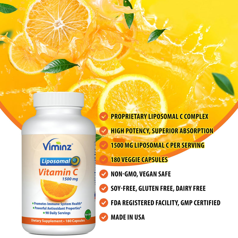 Liposomal Vitamin C 1500mg – 180 Capsules – Made in USA – High Absorption Immune & Collagen Support – Bioavailable Antioxidant Formula – Non-GMO, Gluten Free & Soy Free