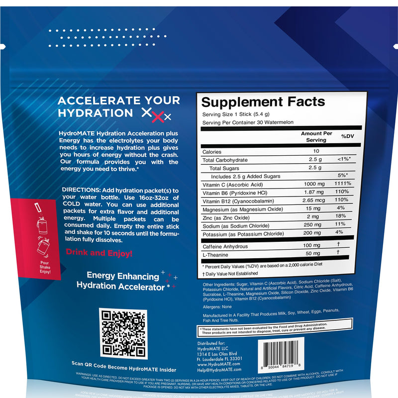 HydroMATE Hydration Electrolytes Packets with Caffeine Watermelon 30 Count | Energy Drink Mix Powder, Potassium Magnesium Zinc, Travel Size Sticks, No Artificial Colors, Keto, 10 Calories 30 Count (Pack of 1)