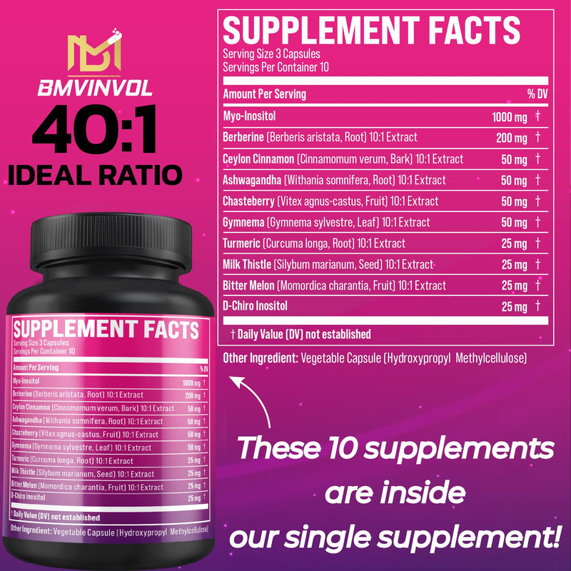 BMVINVOL Inositol Supplement - Myo-Inositol and D-Chiro Inositol Ideal 40:1 Ratio - Plus Berberine, Cinnamon, Ashwagandha + 5 More - 30 Capsules