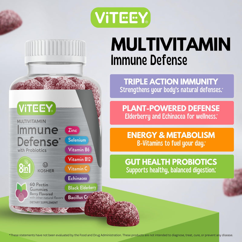 Viteey Multivitamin Gummies 8in1 Immune Support Supplement with Probiotics | Immune Boosters for Adults & Teens - Vegan, Gelatin Free, GMO Free - Chewable Berry Flavored Pectin Immune Defense 60 Count (Pack of 1)