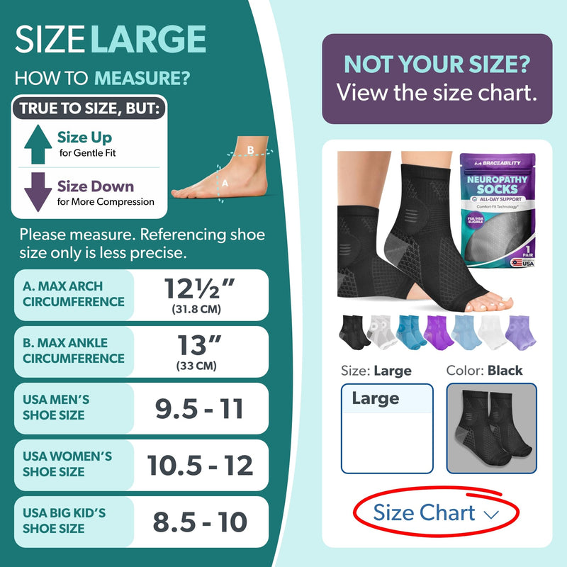 BraceAbility Neuropathy Socks (Pair) - Peripheral Neuritis Compression Diabetic Toeless Foot Sleeves for Nerve Damage Pain in Feet, Ankle Gout, Plantar Fasciitis Relief Brace for Men and Women (L - Black) Large Black - Standard - 1 Pair - BeesActive Australia