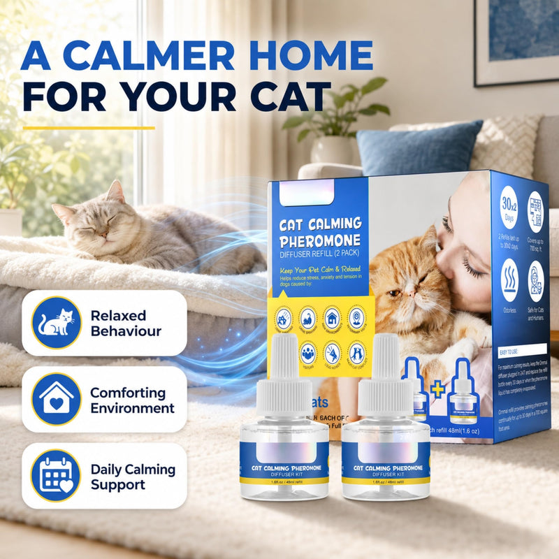 Cat Calming Pheromone Diffuser Refill 48ml (2 Pack) – 30 Day Drug Free Stress Relief for Cats, Multi Cat Homes, Scratching & Spraying Support