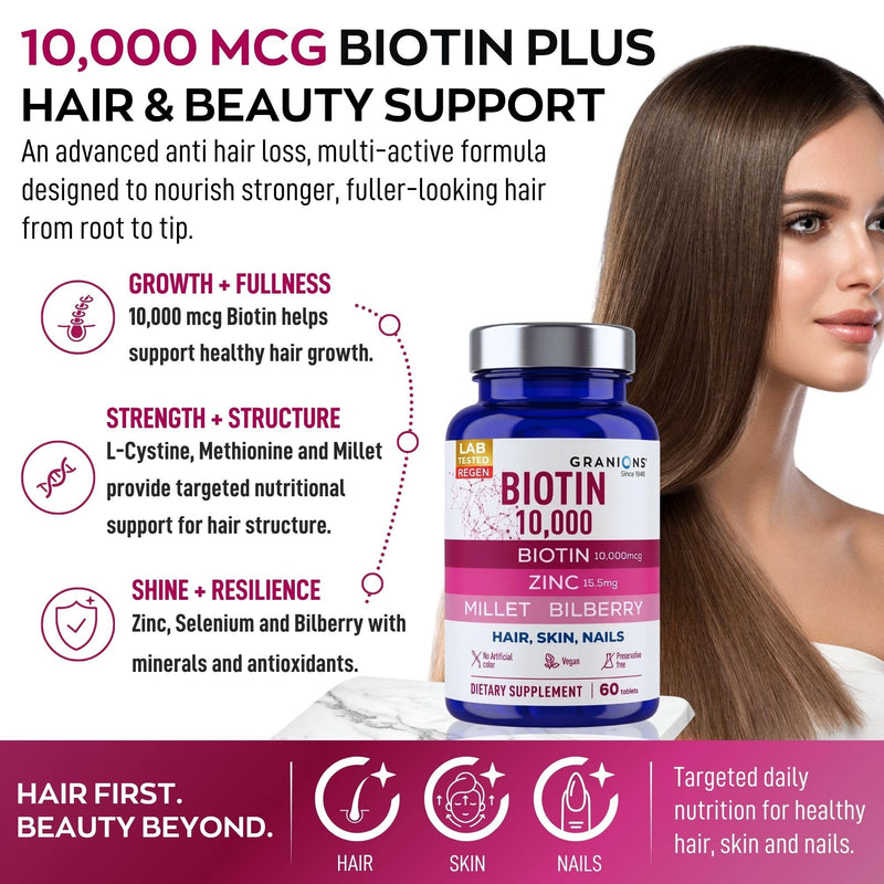 Granions Biotin 10,000 mcg Hair, Skin and Nails Pills - Extra Strength Biotin Complex with Zinc, Selenium, Millet, Bilberry, Aminos - Hair Growth Vitamins Supplement for Women & Men - 60 Tablets Biotin Tablets