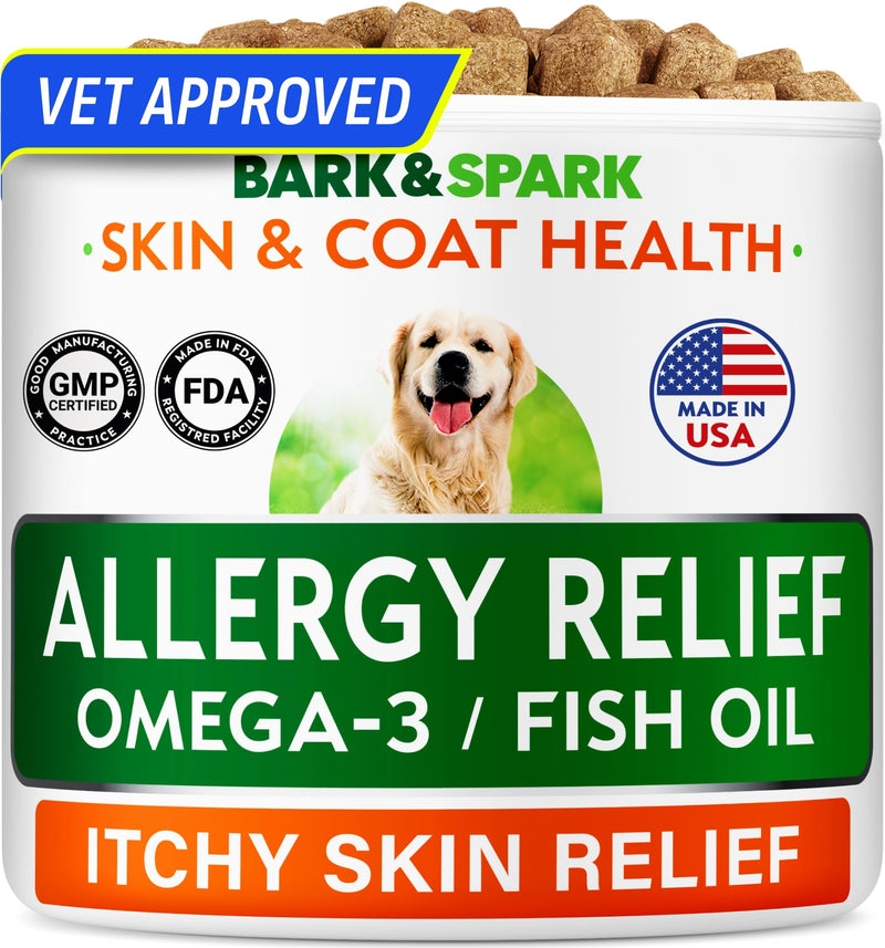BARK&SPARK Dog Allergy Relief Soft Chews for Skin Health & Seasonal Allergies - Anti-Itch Supplement w/Omega-3, Quercetin & Bromelain Immune Treats for Dry Skin & Hot Spots - BBQ Chicken - 60ct ALLER/Itch Relief - 60 Ct with Fish Oil