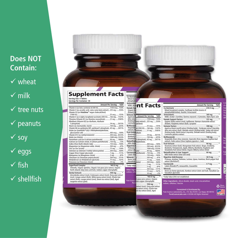 Pure Essence Longevity for Women Over 40 Multivitamin - Vitamins with Superfoods, Whole Foods, Minerals, Antioxidants and Immune Support - 90 Tablets