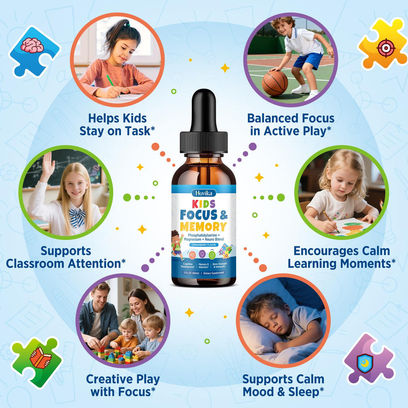Kids Focus and Attention Supplements with Phosphatidylserine, L-Theanine, Omega-3 & Magnesium Glycinate - Kids Brain Vitamins Liquid Drops - Supports Concentration, Memory, Sleep & Mood, Strawberry 2 Fl Oz (Pack of 1)