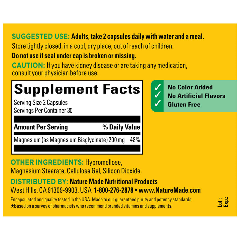 Nature Made Magnesium Glycinate 200 mg per Serving, 60 Capsules | High Absorption Magnesium Supplement for Muscle, Heart and Bone Support, Magnesium Bisglycinate Capsules, 30 Day Supply 60 Count (Pack of 1)