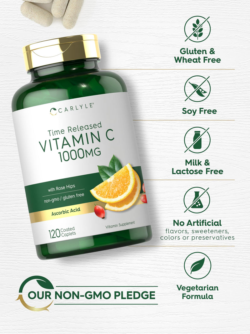 Carlyle Vitamin C 1000mg | Timed Release | 120 Vegetarian Caplets | with Rose Hips | Non-GMO & Gluten Free Supplement