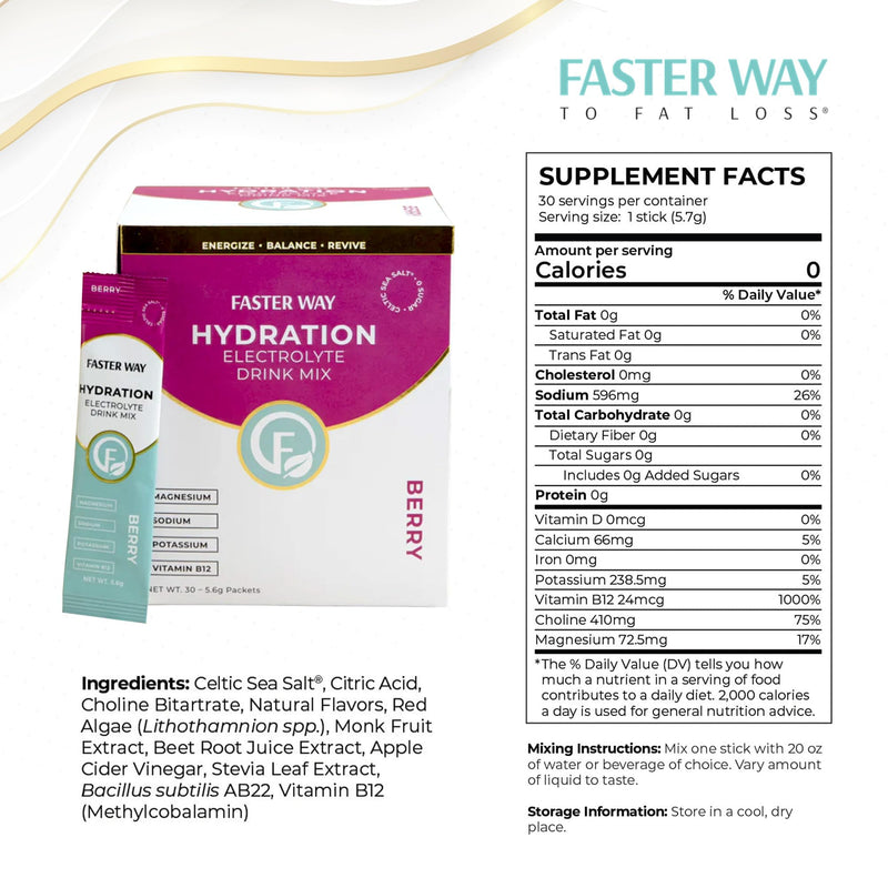 Faster Way - Hydration - Electrolyte Drink Mix - Berry - 30 Pack | With Apple Cider Vinegar, Choline, Probiotics & Natural B Vitamins - Powder Packets - Zero Sugars - Gluten Free