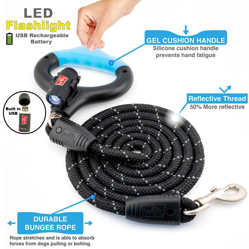 WIGZI Luna Dog Leash with Rechargeable LED Light No Batteries, Detachable Light, Liquid Filled Gel Comfort Handle, Reflective Heavy-Duty Rope, 6 Ft Length up to 200lb Dog, Black Color - BeesActive Australia