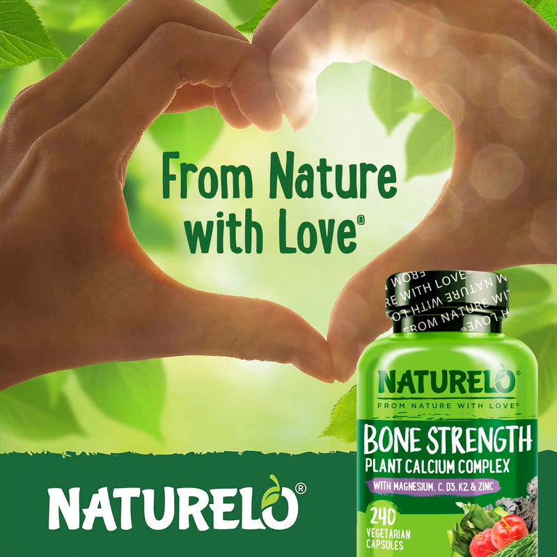 NATURELO Calcium Supplement with Vitamin C, D3, K2, 240 Vegetarian Capsules | Magnesium & Zinc for Bone Strength,Plant-Based Calcium 600mg , Non-GMO, Soy & Gluten-Free Unflavored 240 Count (Pack of 1)