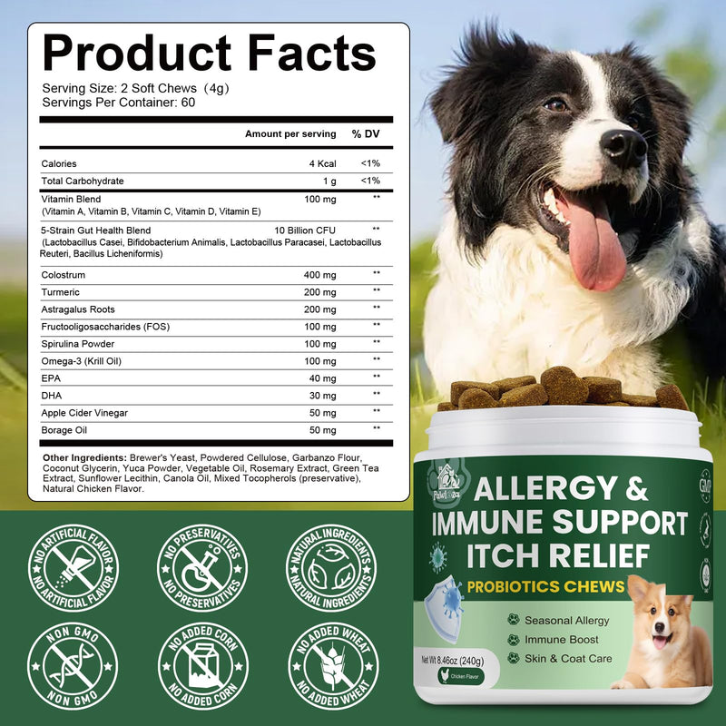 Probiotics for Dogs, Improve Itchy Skin Itchy Ears, Yeast Balance, Immune Support, Dog Probiotics (10 Billion CFU) for Dog Skin & Cost Care, Allergy Relief Chews + Vitamins Blend Chicken (120 Ct)