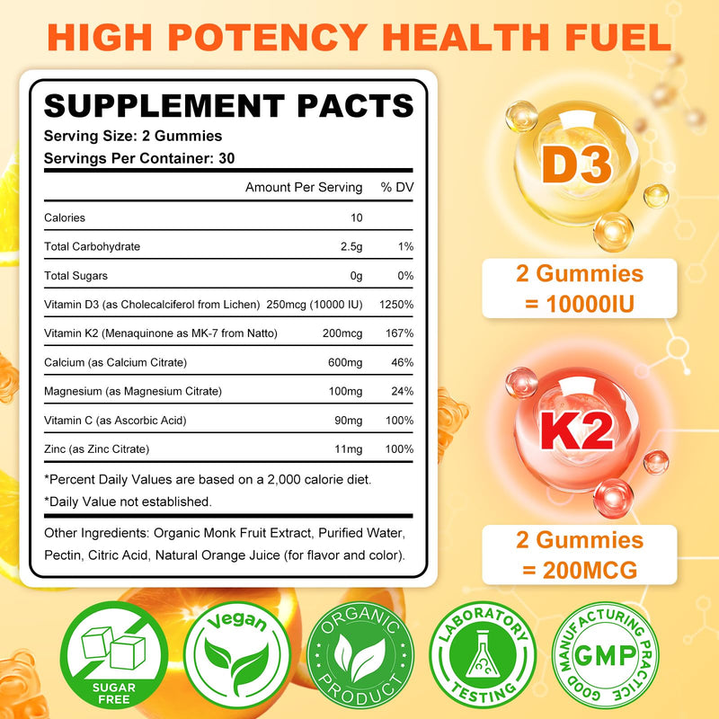 6-in-1 Vitamin D3 K2 Supplement Gummies for Women & Men, Sugar Free | Chewable Vitamin D Gummies With Magnesium, Zinc & Calcium For Bone, Immune & Energy Support, Orange Flavor, 60 Count 60 Count (Pack of 1)