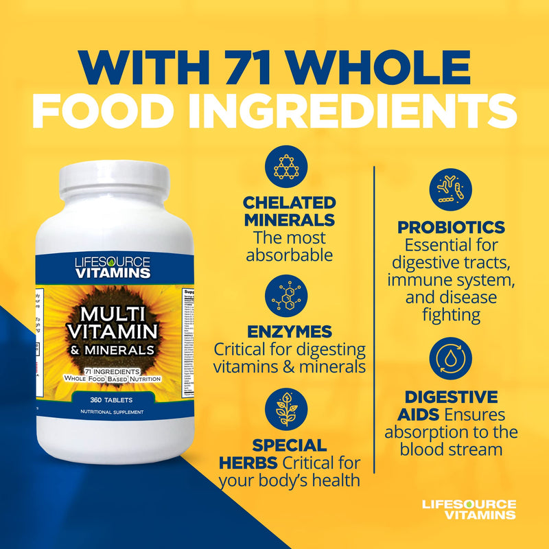 LifeSource Vitamins LifeSourceVitamins Whole Food Multivitamin & Minerals with 71 All Natural Ingredients, Probiotics, Digestive Enzymes, Chelated Minerals and Non-GMO, 360 Tablets