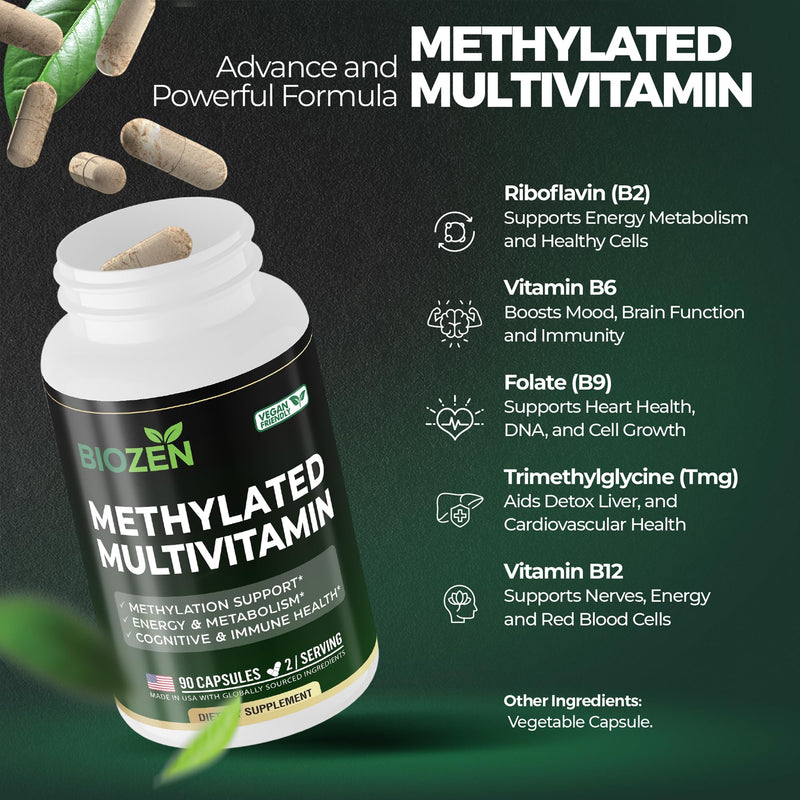 Methylated B Complex with TMG | Methylfolate 5-MTHF, Methylcobalamin B12, P5P B6, R5P B2 | MTHFR & Homocysteine Support | Energy, Focus & Mood | 90 Vegan Capsules | Non-GMO, GMP