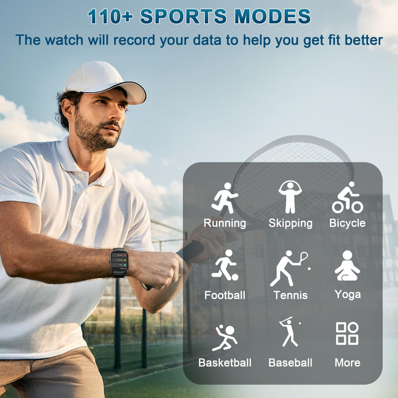 Smart Watch for Men Women, 1.95'' HD Curved Screen Smartwatch(Answer/Make Call), Fitness Tracker with 112 Sport Modes, IP68 Waterproof Fitness Watch with Heart Rate/Sleep Monitor/Pedometer/Calories Black