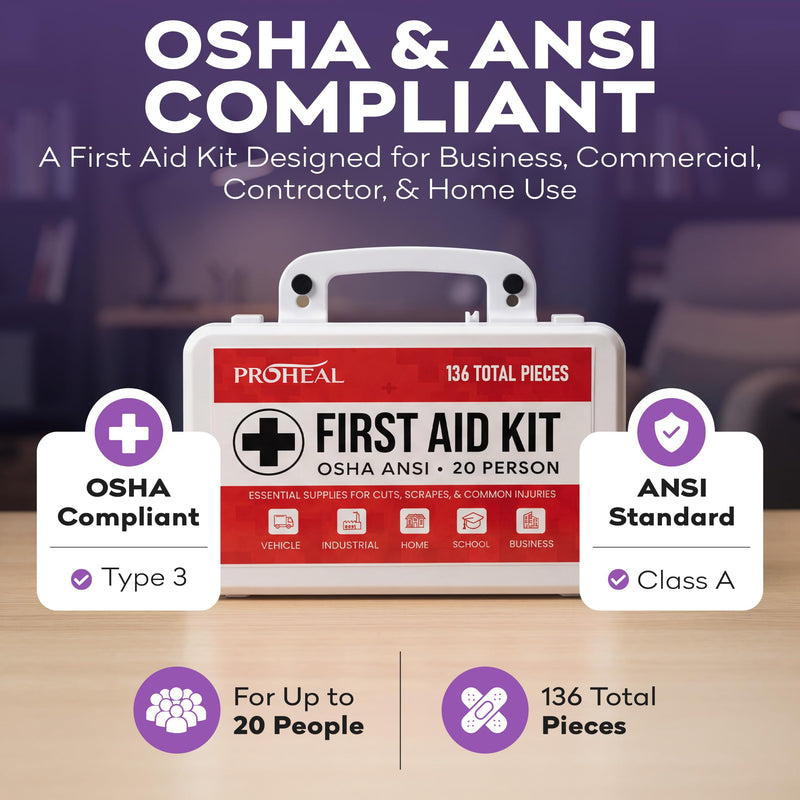 20 Person OSHA Compliant First Aid Kit for Businesses, Vehicles, Trucks, Construction Site - Type III, ANSI Class A Emergency Kit - 136 Piece Essential First Aid Supplies 20 Person Kit