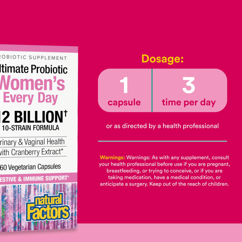 Natural Factors Ultimate Probiotic Women's Every Day - Digestive Health Support Supplement - Probiotic Supplement for Urinary Tract & Vaginal Health Support - 60 Vegetarian Capsules (60 Servings)