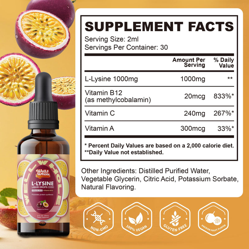 L-Lysine Supplement Liquid Drops | L-Lysine 1000mg Tincture with Vitamin A, C, and B12 for Adults & Kids | Immune Support, Skin & Lips Health, Collagen Synthesis | Non-GMO, Vegan, 4 Fl Oz (120 ML) 2 Fl Oz (Pack of 2)